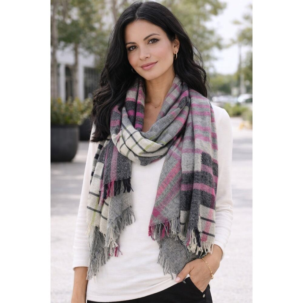 Talbots Womens Gray Pink Green Plaid Wool Fringe Scarf Wrap Warm Winter 54x58"